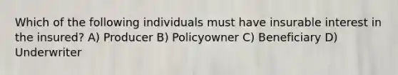 Which of the following individuals must have insurable interest in the insured? A) Producer B) Policyowner C) Beneficiary D) Underwriter