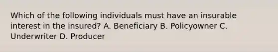 Which of the following individuals must have an insurable interest in the insured? A. Beneficiary B. Policyowner C. Underwriter D. Producer