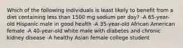 Which of the following individuals is least likely to benefit from a diet containing less than 1500 mg sodium per day? -A 65-year-old Hispanic male in good health -A 35-year-old African American female -A 40-year-old white male with diabetes and chronic kidney disease -A healthy Asian female college student