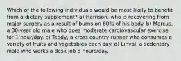 Which of the following individuals would be most likely to benefit from a dietary supplement? a) Harrison, who is recovering from major surgery as a result of burns on 60% of his body. b) Marcus, a 30-year old male who does moderate cardiovascular exercise for 1 hour/day. c) Teddy, a cross country runner who consumes a variety of fruits and vegetables each day. d) Linval, a sedentary male who works a desk job 8 hours/day.