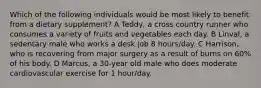 Which of the following individuals would be most likely to benefit from a dietary supplement? A Teddy, a cross country runner who consumes a variety of fruits and vegetables each day. B Linval, a sedentary male who works a desk job 8 hours/day. C Harrison, who is recovering from major surgery as a result of burns on 60% of his body. D Marcus, a 30-year old male who does moderate cardiovascular exercise for 1 hour/day.