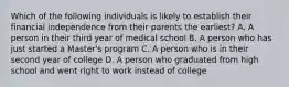 Which of the following individuals is likely to establish their financial independence from their parents the earliest? A. A person in their third year of medical school B. A person who has just started a Master's program C. A person who is in their second year of college D. A person who graduated from high school and went right to work instead of college