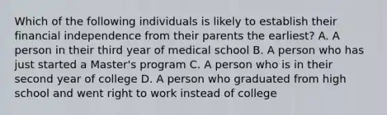 Which of the following individuals is likely to establish their financial independence from their parents the earliest? A. A person in their third year of medical school B. A person who has just started a Master's program C. A person who is in their second year of college D. A person who graduated from high school and went right to work instead of college