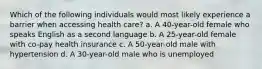 Which of the following individuals would most likely experience a barrier when accessing health care? a. A 40-year-old female who speaks English as a second language b. A 25-year-old female with co-pay health insurance c. A 50-year-old male with hypertension d. A 30-year-old male who is unemployed