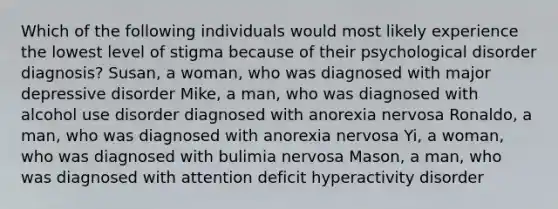 Which of the following individuals would most likely experience the lowest level of stigma because of their psychological disorder diagnosis? Susan, a woman, who was diagnosed with major depressive disorder Mike, a man, who was diagnosed with alcohol use disorder diagnosed with anorexia nervosa Ronaldo, a man, who was diagnosed with anorexia nervosa Yi, a woman, who was diagnosed with bulimia nervosa Mason, a man, who was diagnosed with attention deficit hyperactivity disorder