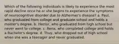 Which of the following individuals is likely to experience the most rapid decline once he or she begins to experience the symptoms of neurocognitive disorder due to Alzheimer's disease? a. Paul, who graduated from college and graduate school and holds a master's degree. b. Hector, who graduated from high school but never went to college. c. Rena, who completed college and holds a Bachelor's degree. d. Thuy, who dropped out of high school when she was a teenager and never graduated.