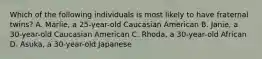 Which of the following individuals is most likely to have fraternal twins? A. Marlie, a 25-year-old Caucasian American B. Janie, a 30-year-old Caucasian American C. Rhoda, a 30-year-old African D. Asuka, a 30-year-old Japanese