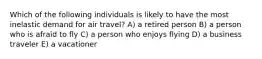 Which of the following individuals is likely to have the most inelastic demand for air travel? A) a retired person B) a person who is afraid to fly C) a person who enjoys flying D) a business traveler E) a vacationer