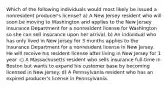 Which of the following individuals would most likely be issued a nonresident producer's license? a) A New Jersey resident who will soon be moving to Washington and applies to the New Jersey Insurance Department for a nonresident license for Washington so she can sell insurance upon her arrival. b) An individual who has only lived in New Jersey for 3 months applies to the Insurance Department for a nonresident license in New Jersey. He will receive his resident license after living in New Jersey for 1 year. c) A Massachusetts resident who sells insurance full-time in Boston but wants to expand his customer base by becoming licensed in New Jersey. d) A Pennsylvania resident who has an expired producer's license in Pennsylvania.