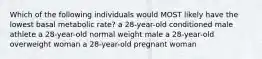 Which of the following individuals would MOST likely have the lowest basal metabolic rate? a 28-year-old conditioned male athlete a 28-year-old normal weight male a 28-year-old overweight woman a 28-year-old pregnant woman