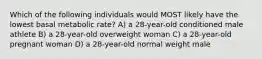 Which of the following individuals would MOST likely have the lowest basal metabolic rate? A) a 28-year-old conditioned male athlete B) a 28-year-old overweight woman C) a 28-year-old pregnant woman D) a 28-year-old normal weight male