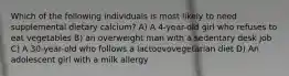 Which of the following individuals is most likely to need supplemental dietary calcium? A) A 4-year-old girl who refuses to eat vegetables B) an overweight man with a sedentary desk job C) A 30-year-old who follows a lactoovovegetarian diet D) An adolescent girl with a milk allergy