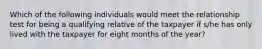 Which of the following individuals would meet the relationship test for being a qualifying relative of the taxpayer if s/he has only lived with the taxpayer for eight months of the year?