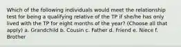 Which of the following individuals would meet the relationship test for being a qualifying relative of the TP if she/he has only lived with the TP for eight months of the year? (Choose all that apply) a. Grandchild b. Cousin c. Father d. Friend e. Niece f. Brother