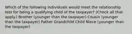 Which of the following individuals would meet the relationship test for being a qualifying child of the taxpayer? (Check all that apply.) Brother (younger than the taxpayer) Cousin (younger than the taxpayer) Father Grandchild Child Niece (younger than the taxpayer)