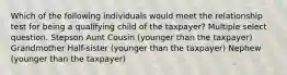 Which of the following individuals would meet the relationship test for being a qualifying child of the taxpayer? Multiple select question. Stepson Aunt Cousin (younger than the taxpayer) Grandmother Half-sister (younger than the taxpayer) Nephew (younger than the taxpayer)