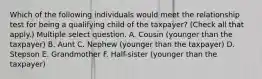 Which of the following individuals would meet the relationship test for being a qualifying child of the taxpayer? (Check all that apply.) Multiple select question. A. Cousin (younger than the taxpayer) B. Aunt C. Nephew (younger than the taxpayer) D. Stepson E. Grandmother F. Half-sister (younger than the taxpayer)