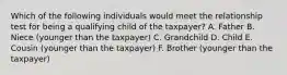 Which of the following individuals would meet the relationship test for being a qualifying child of the taxpayer? A. Father B. Niece (younger than the taxpayer) C. Grandchild D. Child E. Cousin (younger than the taxpayer) F. Brother (younger than the taxpayer)