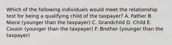 Which of the following individuals would meet the relationship test for being a qualifying child of the taxpayer? A. Father B. Niece (younger than the taxpayer) C. Grandchild D. Child E. Cousin (younger than the taxpayer) F. Brother (younger than the taxpayer)