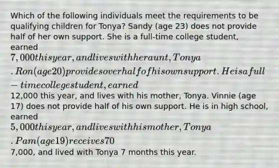 Which of the following individuals meet the requirements to be qualifying children for Tonya? Sandy (age 23) does not provide half of her own support. She is a full-time college student, earned 7,000 this year, and lives with her aunt, Tonya. Ron (age 20) provides over half of his own support. He is a full-time college student, earned12,000 this year, and lives with his mother, Tonya. Vinnie (age 17) does not provide half of his own support. He is in high school, earned 5,000 this year, and lives with his mother, Tonya. Pam (age 19) receives 70% of her support from her cousin, Tonya. Pam is a full-time student, earned7,000, and lived with Tonya 7 months this year.