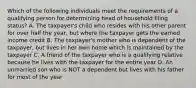 Which of the following individuals meet the requirements of a qualifying person for determining head of household filing status? A. The taxpayer's child who resides with his other parent for over half the year, but where the taxpayer gets the earned income credit B. The taxpayer's mother who is dependent of the taxpayer, but lives in her own home which is maintained by the taxpayer C. A friend of the taxpayer who is a qualifying relative because he lives with the taxpayer for the entire year D. An unmarried son who is NOT a dependent but lives with his father for most of the year