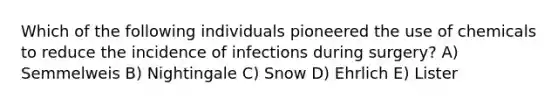 Which of the following individuals pioneered the use of chemicals to reduce the incidence of infections during surgery? A) Semmelweis B) Nightingale C) Snow D) Ehrlich E) Lister