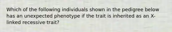 Which of the following individuals shown in the pedigree below has an unexpected phenotype if the trait is inherited as an X-linked recessive trait?