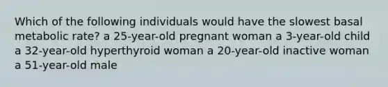 Which of the following individuals would have the slowest basal metabolic rate? ​a 25-year-old pregnant woman ​a 3-year-old child ​a 32-year-old hyperthyroid woman ​a 20-year-old inactive woman ​a 51-year-old male