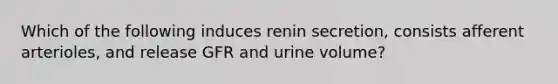 Which of the following induces renin secretion, consists afferent arterioles, and release GFR and urine volume?