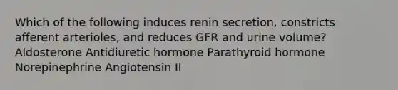 Which of the following induces renin secretion, constricts afferent arterioles, and reduces GFR and urine volume? Aldosterone Antidiuretic hormone Parathyroid hormone Norepinephrine Angiotensin II