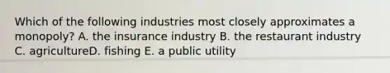 Which of the following industries most closely approximates a monopoly? A. the insurance industry B. the restaurant industry C. agricultureD. fishing E. a public utility