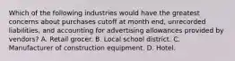 Which of the following industries would have the greatest concerns about purchases cutoff at month end, unrecorded liabilities, and accounting for advertising allowances provided by vendors? A. Retail grocer. B. Local school district. C. Manufacturer of construction equipment. D. Hotel.