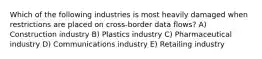 Which of the following industries is most heavily damaged when restrictions are placed on cross-border data flows? A) Construction industry B) Plastics industry C) Pharmaceutical industry D) Communications industry E) Retailing industry