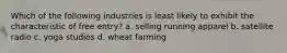 Which of the following industries is least likely to exhibit the characteristic of free entry? a. selling running apparel b. satellite radio c. yoga studios d. wheat farming