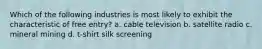 Which of the following industries is most likely to exhibit the characteristic of free entry? a. cable television b. satellite radio c. mineral mining d. t-shirt silk screening