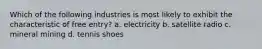 Which of the following industries is most likely to exhibit the characteristic of free entry? a. electricity b. satellite radio c. mineral mining d. tennis shoes