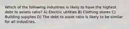 Which of the following industries is likely to have the highest debt to assets ratio? A) Electric utilities B) Clothing stores C) Building supplies D) The debt to asset ratio is likely to be similar for all industries.