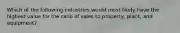 Which of the following industries would most likely have the highest value for the ratio of sales to property, plant, and equipment?