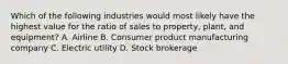 Which of the following industries would most likely have the highest value for the ratio of sales to property, plant, and equipment? A. Airline B. Consumer product manufacturing company C. Electric utility D. Stock brokerage