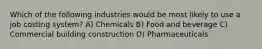 Which of the following industries would be most likely to use a job costing system? A) Chemicals B) Food and beverage C) Commercial building construction D) Pharmaceuticals