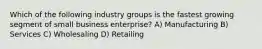 Which of the following industry groups is the fastest growing segment of small business enterprise? A) Manufacturing B) Services C) Wholesaling D) Retailing