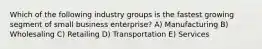 Which of the following industry groups is the fastest growing segment of small business enterprise? A) Manufacturing B) Wholesaling C) Retailing D) Transportation E) Services