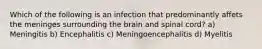 Which of the following is an infection that predominantly affets the meninges surrounding the brain and spinal cord? a) Meningitis b) Encephalitis c) Meningoencephalitis d) Myelitis