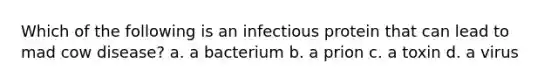 Which of the following is an infectious protein that can lead to mad cow disease? a. a bacterium b. a prion c. a toxin d. a virus