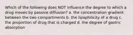 Which of the following does NOT influence the degree to which a drug moves by passive diffusion? a. the concentration gradient between the two compartments b. the lipophilicity of a drug c. the proportion of drug that is charged d. the degree of gastric absorption