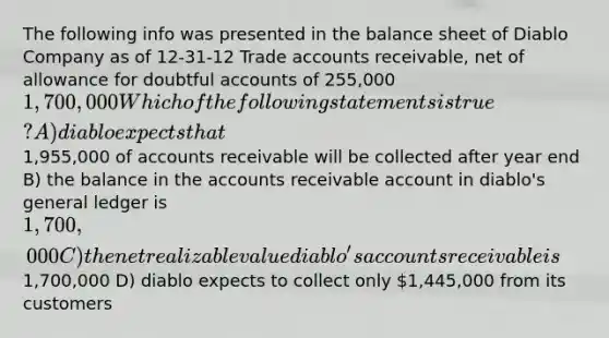 The following info was presented in the balance sheet of Diablo Company as of 12-31-12 Trade accounts receivable, net of allowance for doubtful accounts of 255,000 1,700,000 Which of the following statements is true? A) diablo expects that1,955,000 of accounts receivable will be collected after year end B) the balance in the accounts receivable account in diablo's general ledger is 1,700,000 C) the net realizable value diablo's accounts receivable is1,700,000 D) diablo expects to collect only 1,445,000 from its customers