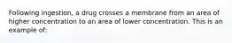 Following ingestion, a drug crosses a membrane from an area of higher concentration to an area of lower concentration. This is an example of: