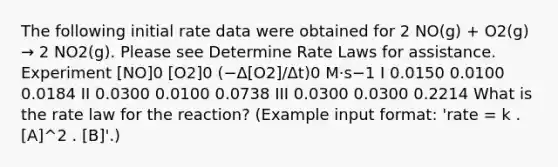 The following initial rate data were obtained for 2 NO(g) + O2(g) → 2 NO2(g). Please see Determine Rate Laws for assistance. Experiment [NO]0 [O2]0 (−Δ[O2]/Δt)0 M·s−1 I 0.0150 0.0100 0.0184 II 0.0300 0.0100 0.0738 III 0.0300 0.0300 0.2214 What is the rate law for the reaction? (Example input format: 'rate = k . [A]^2 . [B]'.)