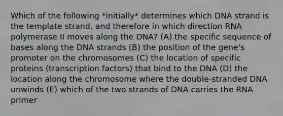 Which of the following *initially* determines which DNA strand is the template strand, and therefore in which direction RNA polymerase II moves along the DNA? (A) the specific sequence of bases along the DNA strands (B) the position of the gene's promoter on the chromosomes (C) the location of specific proteins (transcription factors) that bind to the DNA (D) the location along the chromosome where the double-stranded DNA unwinds (E) which of the two strands of DNA carries the RNA primer