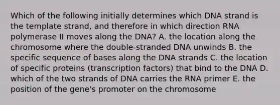 Which of the following initially determines which DNA strand is the template strand, and therefore in which direction RNA polymerase II moves along the DNA? A. the location along the chromosome where the double-stranded DNA unwinds B. the specific sequence of bases along the DNA strands C. the location of specific proteins (transcription factors) that bind to the DNA D. which of the two strands of DNA carries the RNA primer E. the position of the gene's promoter on the chromosome